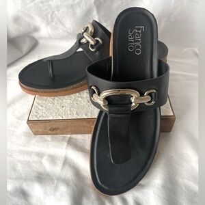 Franco Sarto Black Brielle Leather Sandal/Silver Accent Thong Slip on Sz 8.5